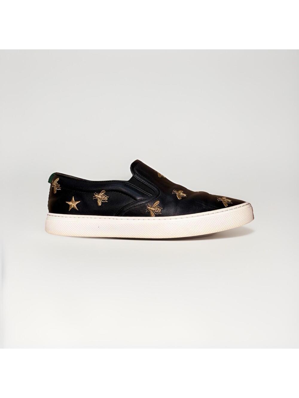 Gucci Bee Slip On Sneakers Black Leather Gold Bees Mens 6.5 Womens 8.5